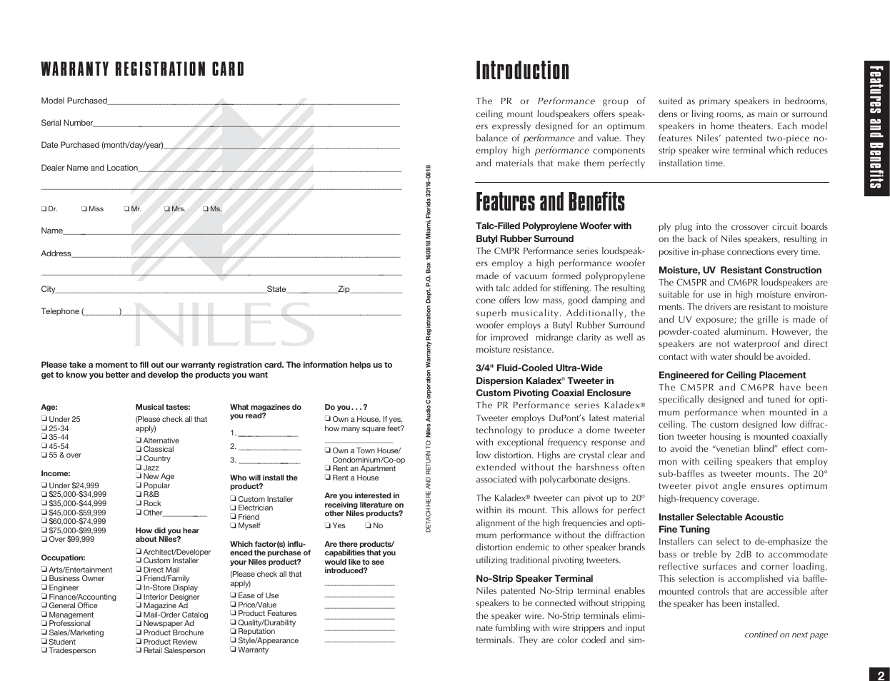 Introduction features and benefits, Warranty registration card, Fe at ur es and bene fit s | Niles Audio CM5PR User Manual | Page 3 / 12