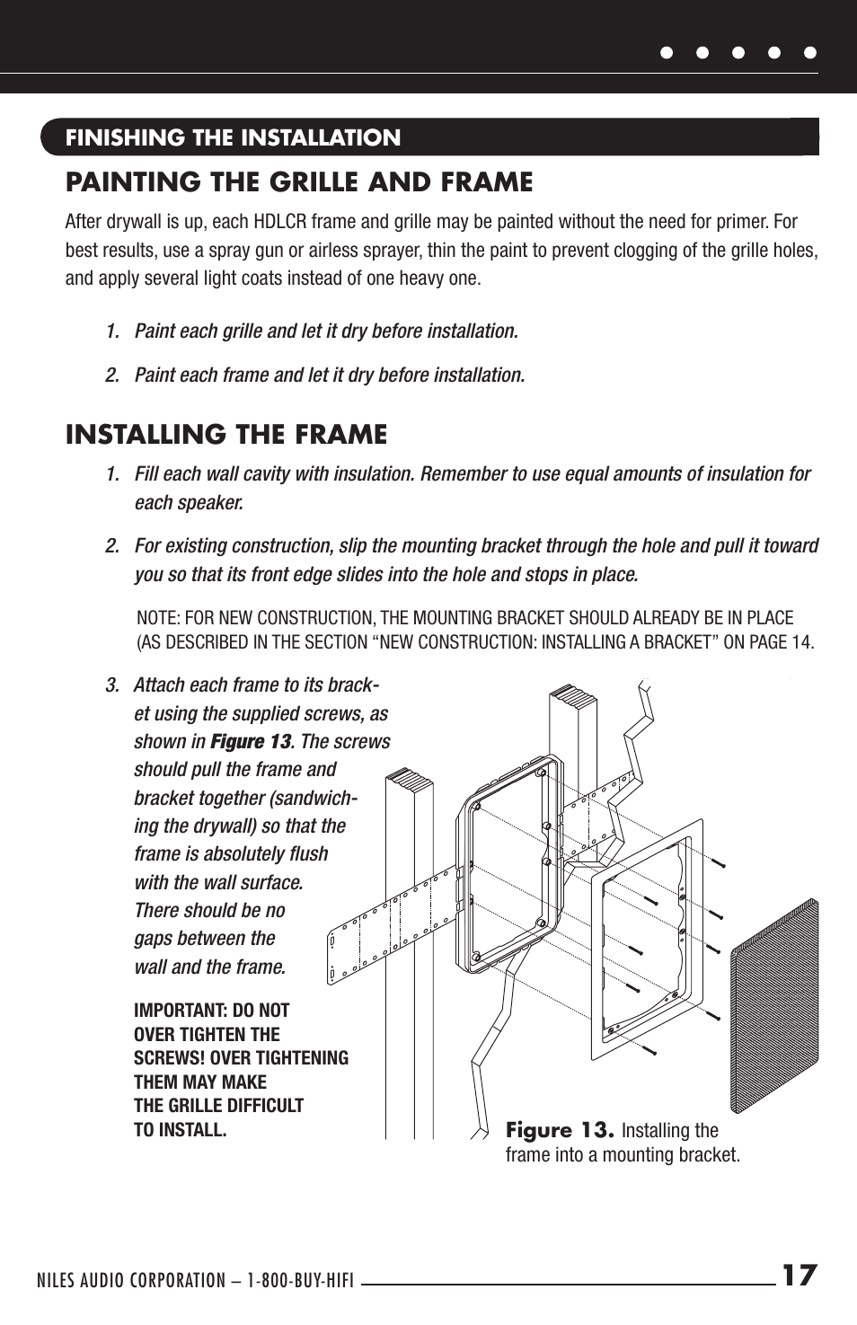 Painting the grille and frame, Installing the frame | Niles Audio HDLCR User Manual | Page 19 / 28