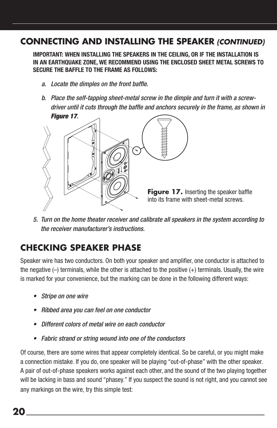 Connecting and installing the speaker, Checking speaker phase | Niles Audio HDLCR User Manual | Page 22 / 28