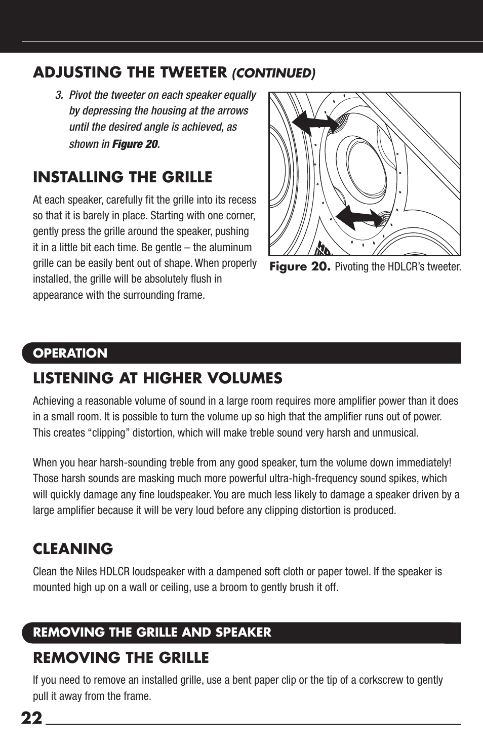 Adjusting the tweeter, Installing the grille, Listening at higher volumes | Cleaning, Removing the grille | Niles Audio HDLCR User Manual | Page 24 / 28