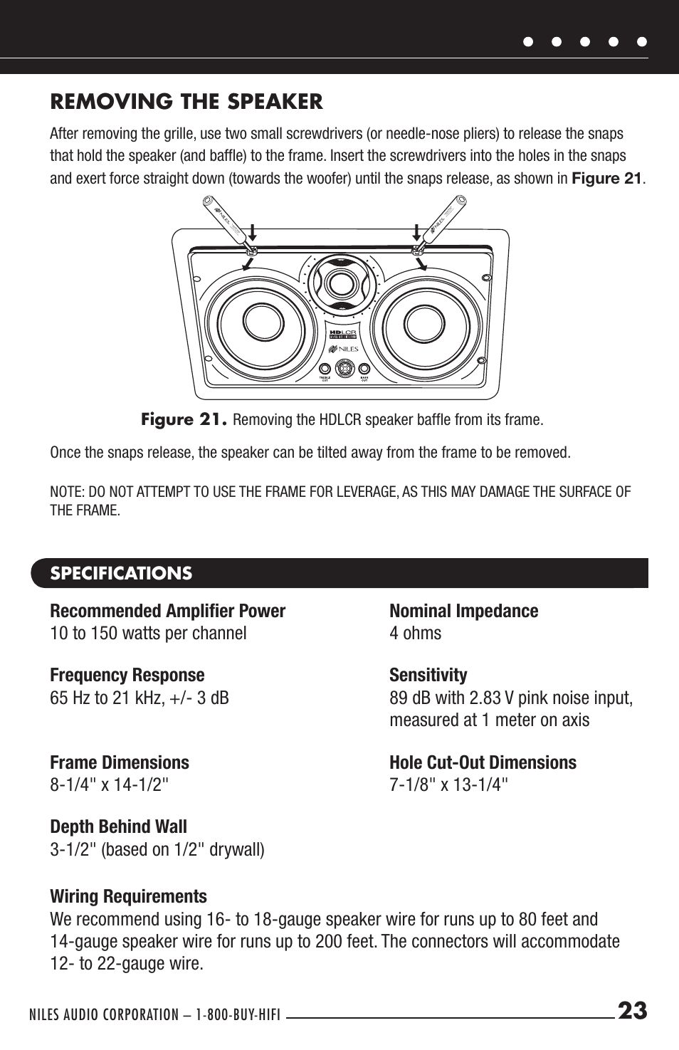 Removing the speaker, Specifications | Niles Audio HDLCR User Manual | Page 25 / 28