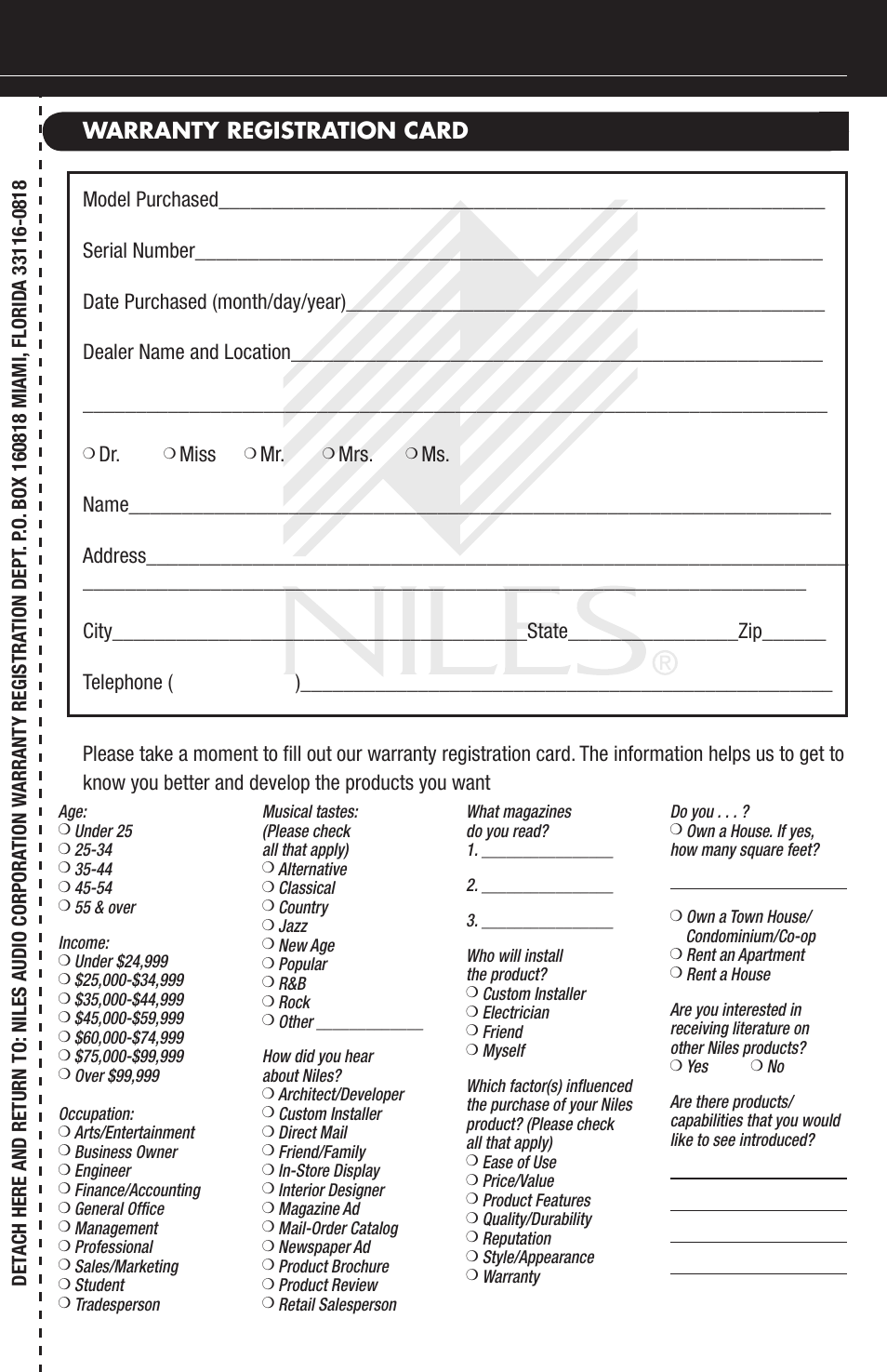 Warranty registration card, Miss | Niles Audio HDLCR User Manual | Page 27 / 28