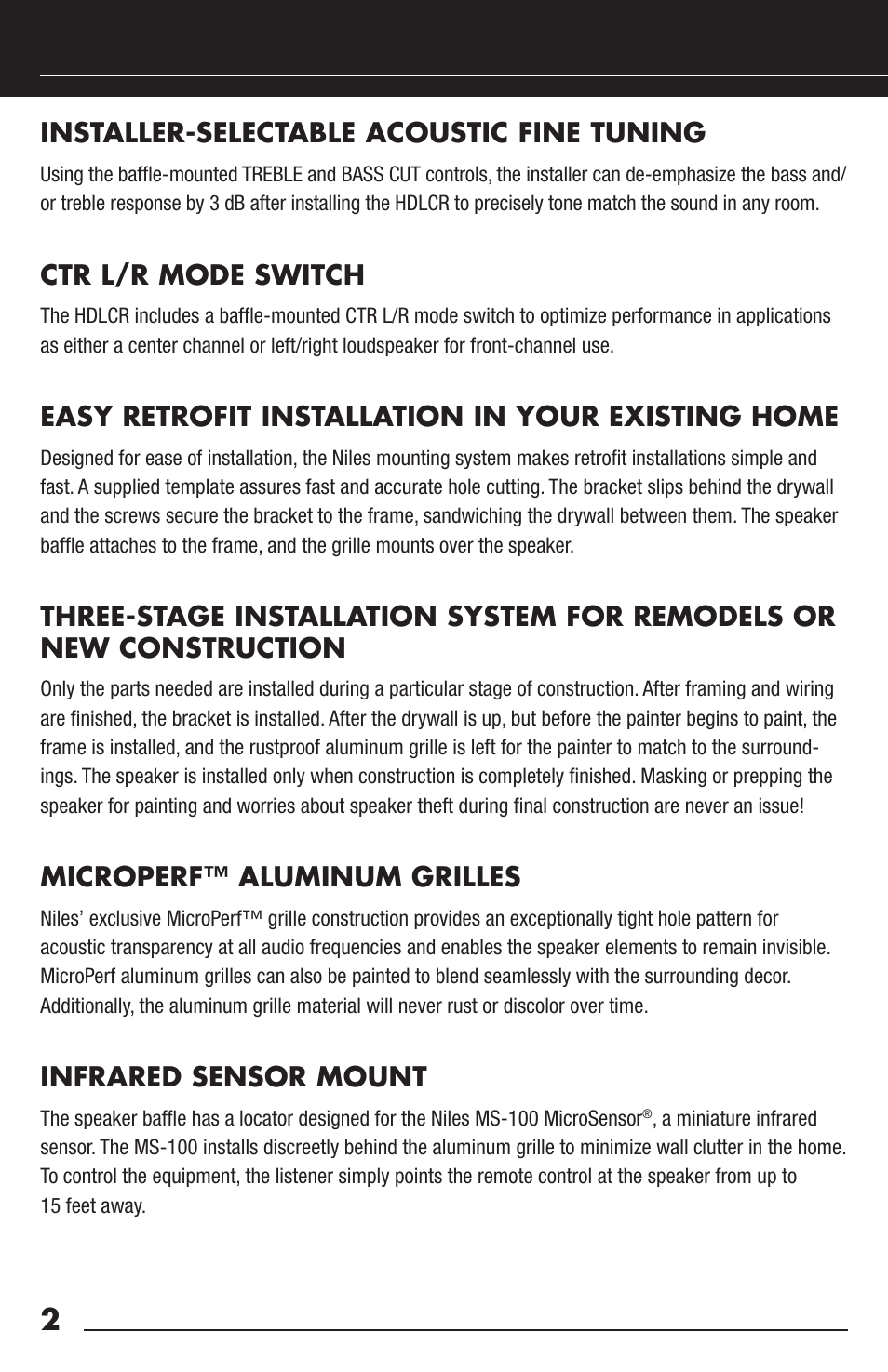 Installer-selectable acoustic fine tuning, Ctr l/r mode switch, Easy retrofit installation in your existing home | Microperf™ aluminum grilles, Infrared sensor mount | Niles Audio HDLCR User Manual | Page 4 / 28