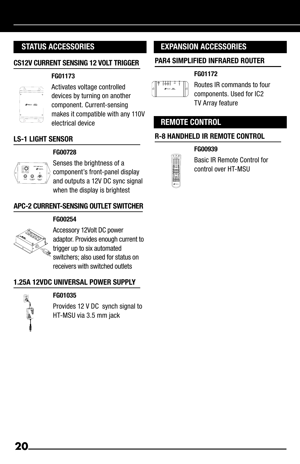 Status accessories, Expansion accessories, Remote control | Niles Audio HT-MSU User Manual | Page 22 / 28