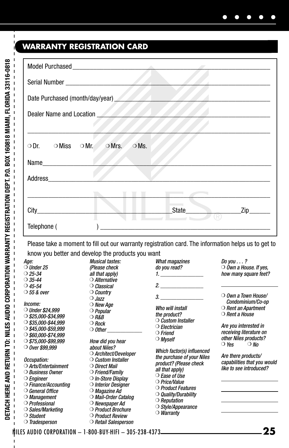 Warranty registration card, Miss | Niles Audio HT-MSU User Manual | Page 27 / 28