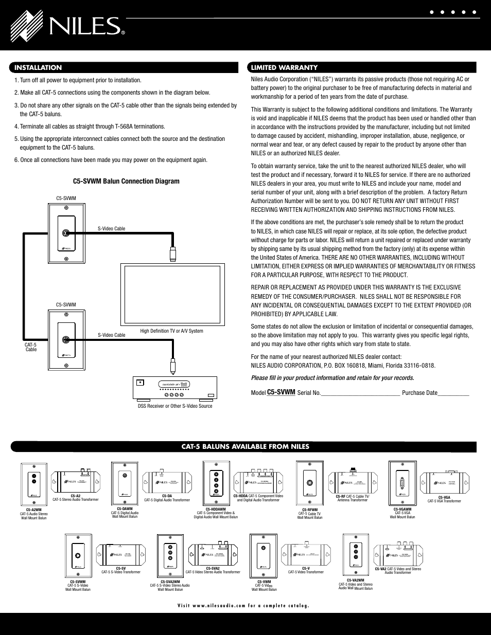 C5-svwm, C5-svwm balun connection diagram, Cat-5 video transformer composite video cat-5 | S-video, Cat-5 s-video transformer cat-5, Cat-5 vga transformer cat-5, 75ω rf antenna/cable, Cat-5 cable tv/ antenna transformer cat-5, Coaxial digital audio, Cat-5 digital audio transformer cat-5 | Niles Audio C5-SVWM User Manual | Page 2 / 2