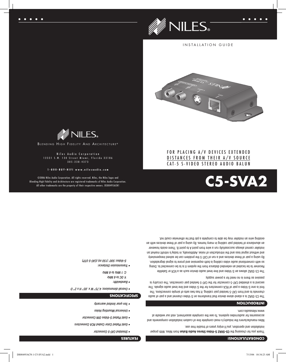 Niles Audio C5-SVA2 User Manual | 3 pages