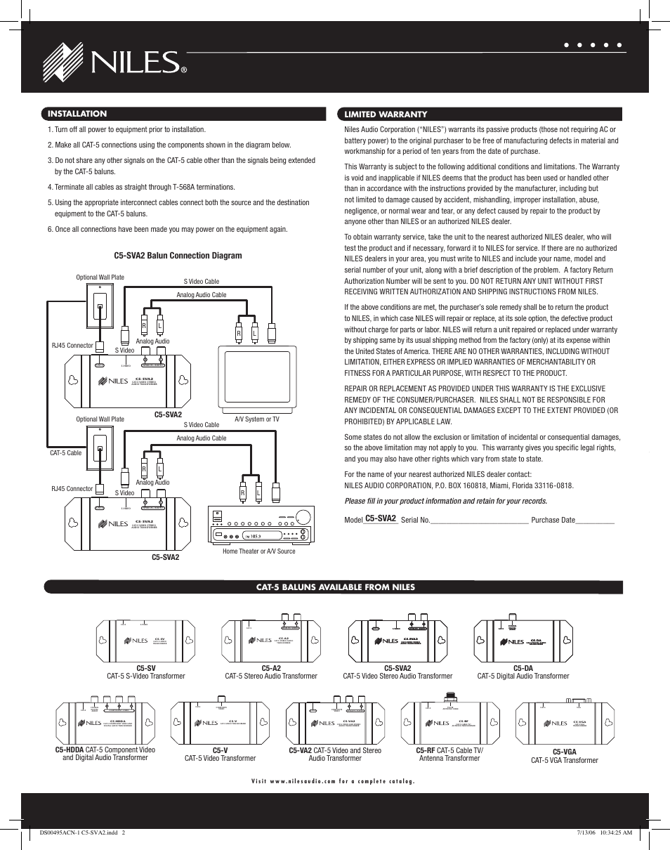 C5-sva2, C5-sva2 balun connection diagram, C5-rf cat-5 cable tv/ antenna transformer | C5-vga cat-5 vga transformer, C5-v cat-5 video transformer, C5-da cat-5 digital audio transformer, C5-sva2 cat-5 video stereo audio transformer, C5-a2 cat-5 stereo audio transformer, C5-sv cat-5 s-video transformer | Niles Audio C5-SVA2 User Manual | Page 3 / 3
