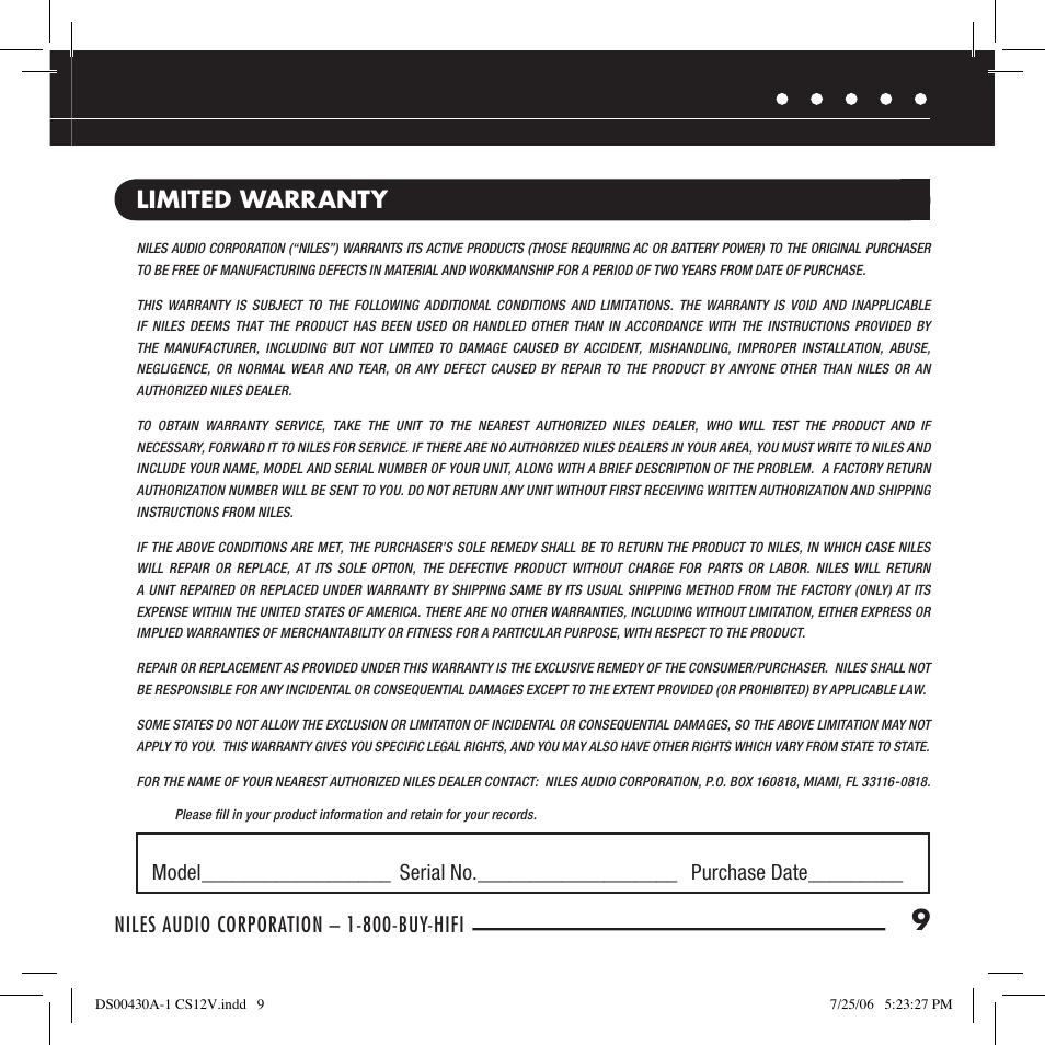 Limited warranty, Niles audio corporation – 1-800-buy-hifi | Niles Audio CS12V User Manual | Page 11 / 12