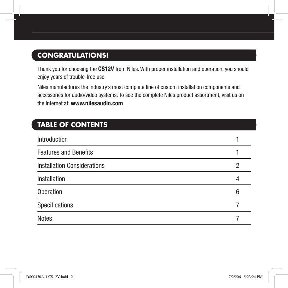 Niles Audio CS12V User Manual | Page 2 / 12