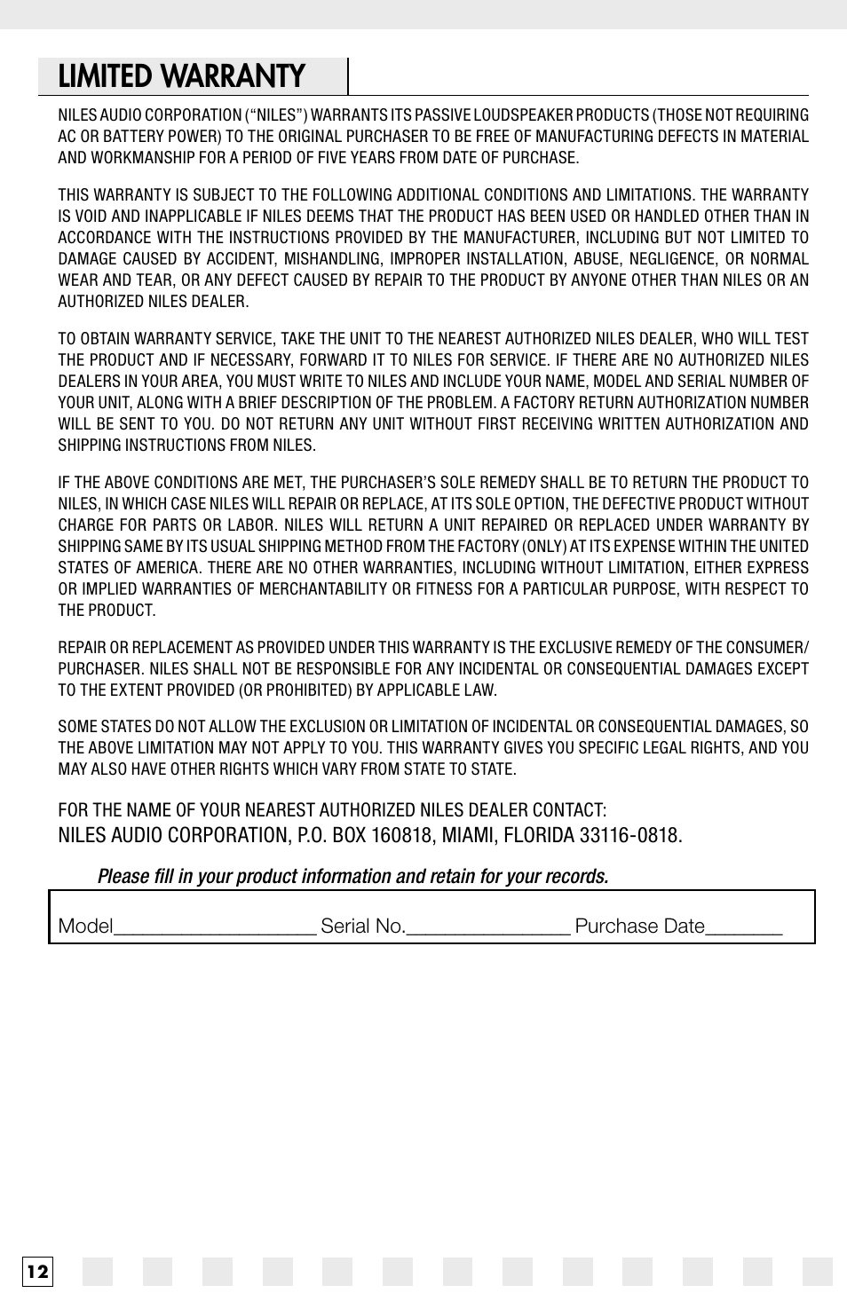 Limited warranty | Niles Audio Pro770FX User Manual | Page 14 / 16