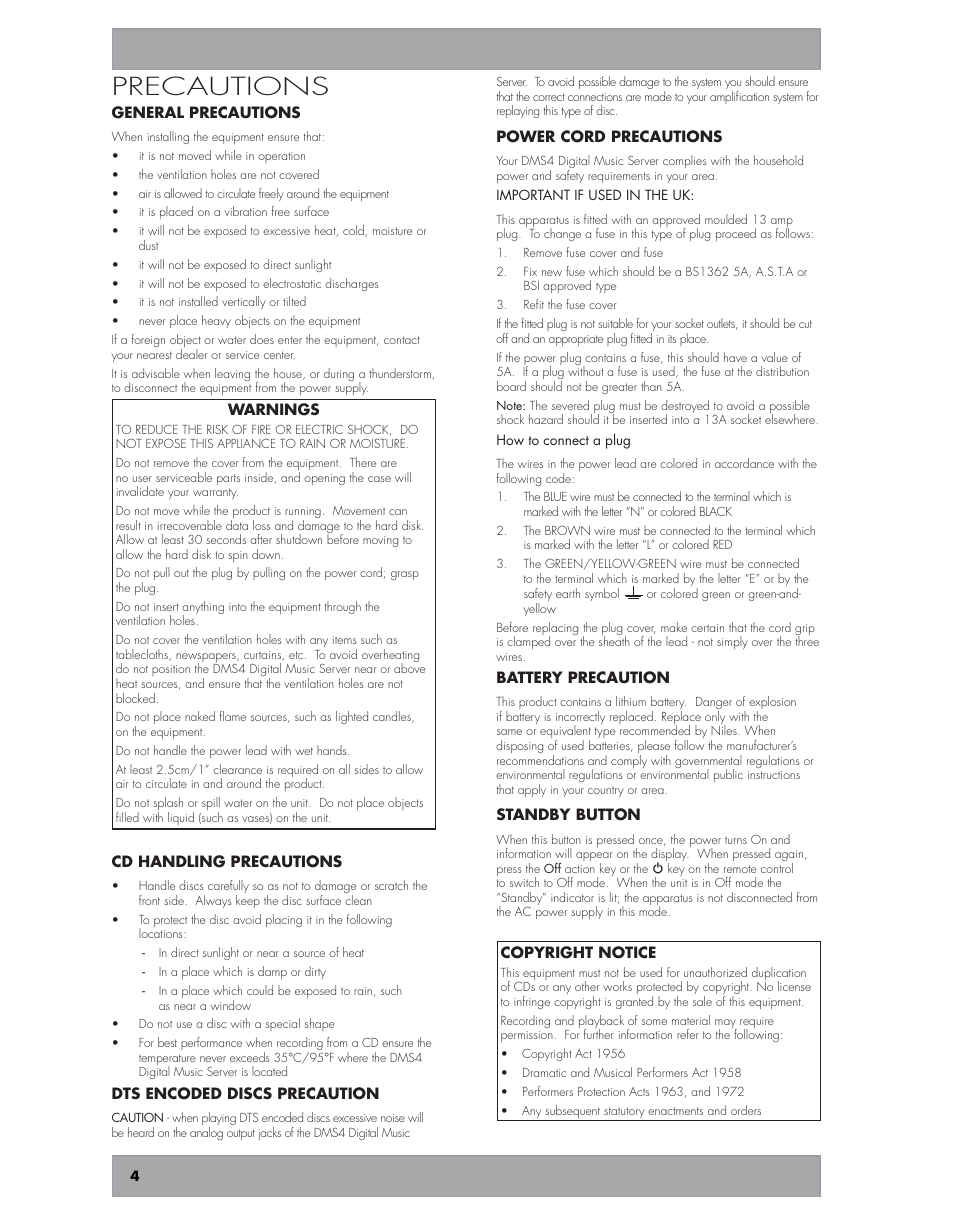 Precautions | Niles Audio DMS4 User Manual | Page 4 / 50