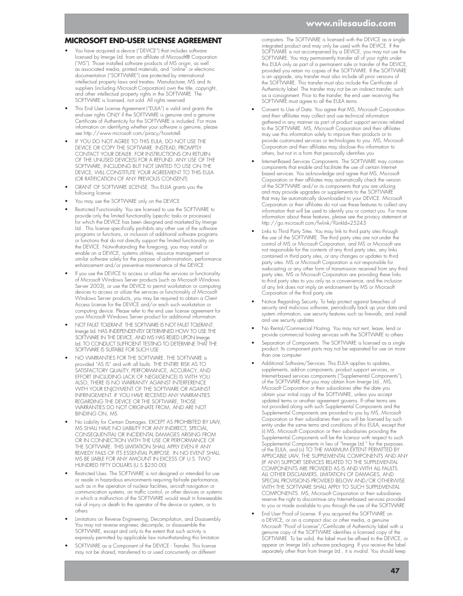 Microsoft end-user license agreement | Niles Audio DMS4 User Manual | Page 47 / 50