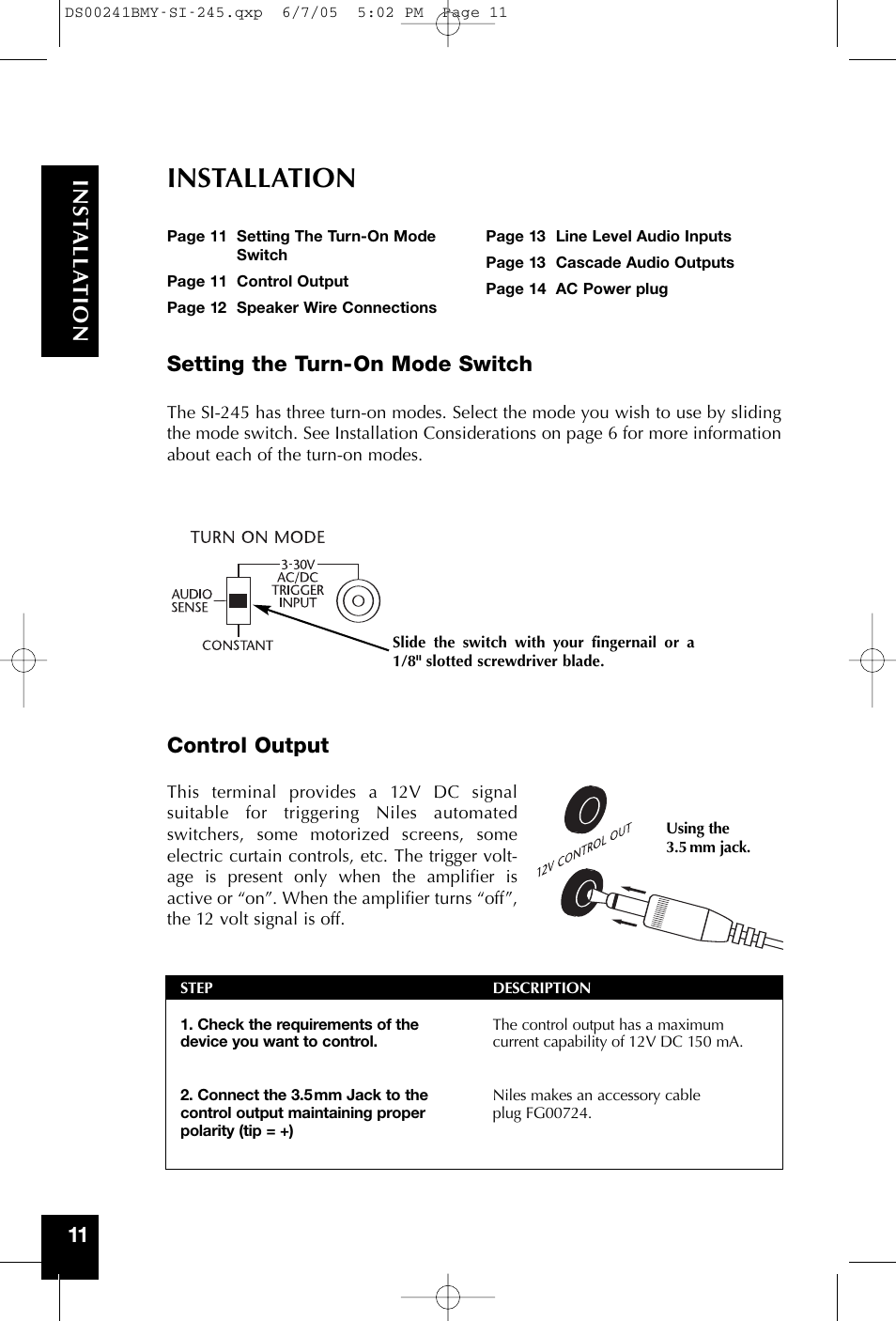Installation, Setting the turn-on mode switch, Control output | Niles Audio SI-245 User Manual | Page 12 / 20