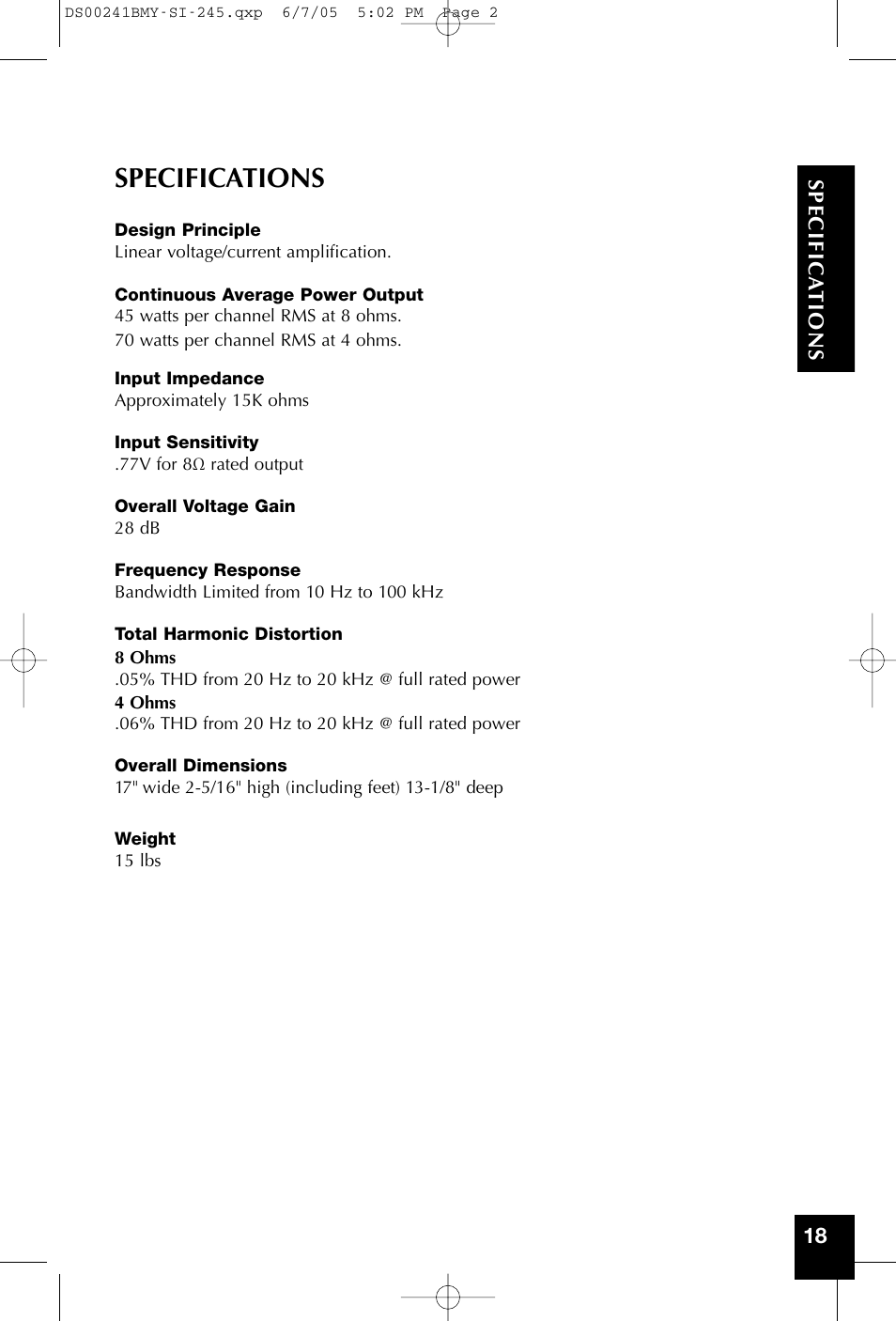 Specifications | Niles Audio SI-245 User Manual | Page 3 / 20