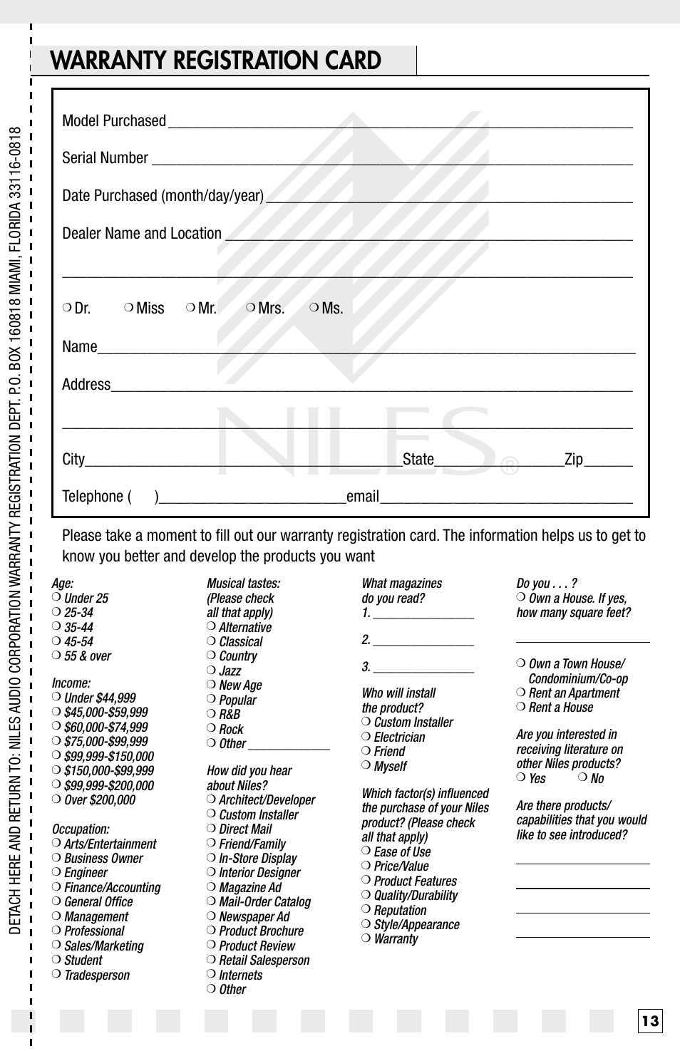 Warranty registration card, Miss | Niles Audio Pro870FX User Manual | Page 15 / 16