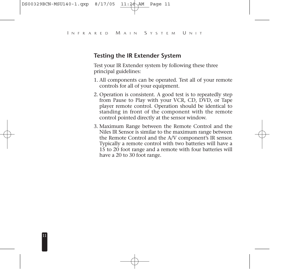 Testing the ir extender system | Niles Audio MSU140 User Manual | Page 12 / 20