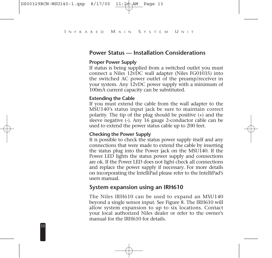 Power status — installation considerations, System expansion using an irh610 | Niles Audio MSU140 User Manual | Page 14 / 20