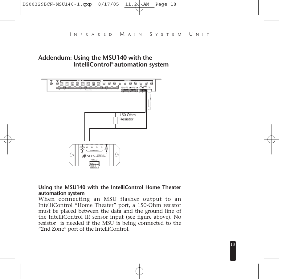Addendum: using the msu140 with the intellicontrol, Automation system | Niles Audio MSU140 User Manual | Page 19 / 20