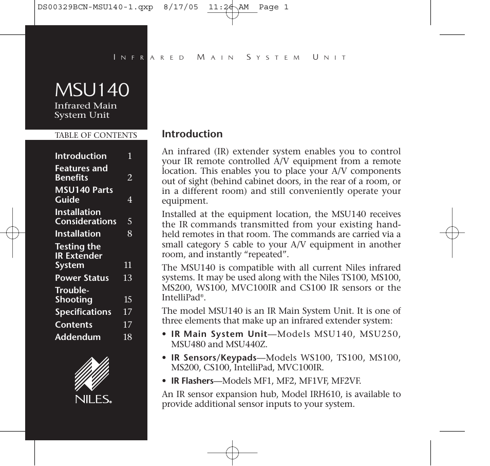 Msu140, Introduction | Niles Audio MSU140 User Manual | Page 2 / 20