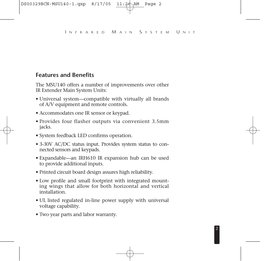 Features and benefits | Niles Audio MSU140 User Manual | Page 3 / 20