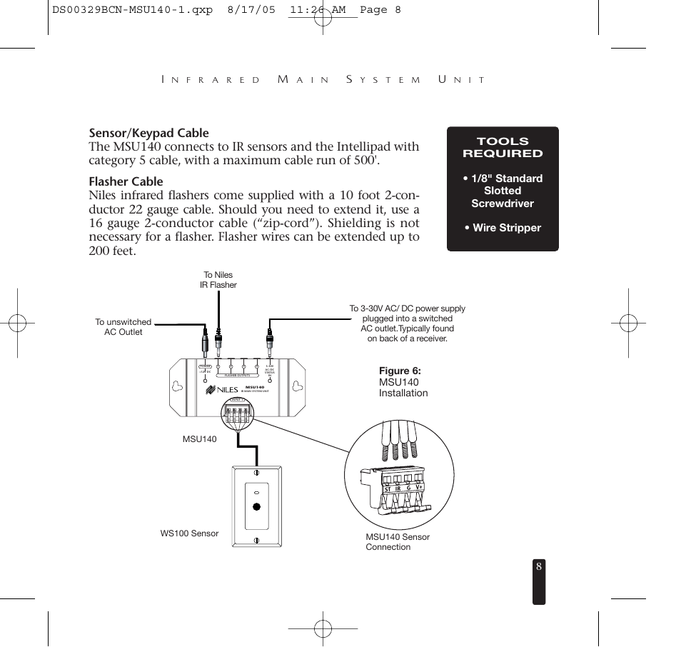 1/8" standard slotted screwdriver • wire stripper, Tools required, Figure 6: msu140 installation | Niles Audio MSU140 User Manual | Page 9 / 20