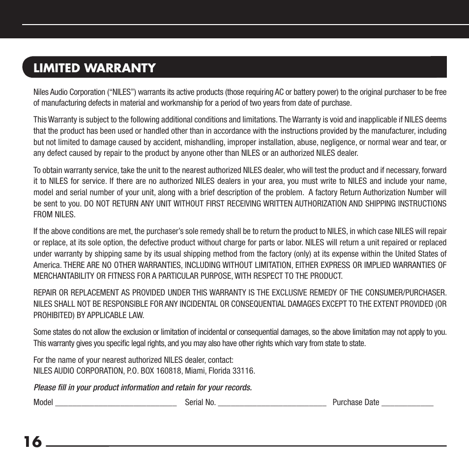 Limited warranty | Niles Audio Wall-Mount IR Sensor WS110R User Manual | Page 18 / 20