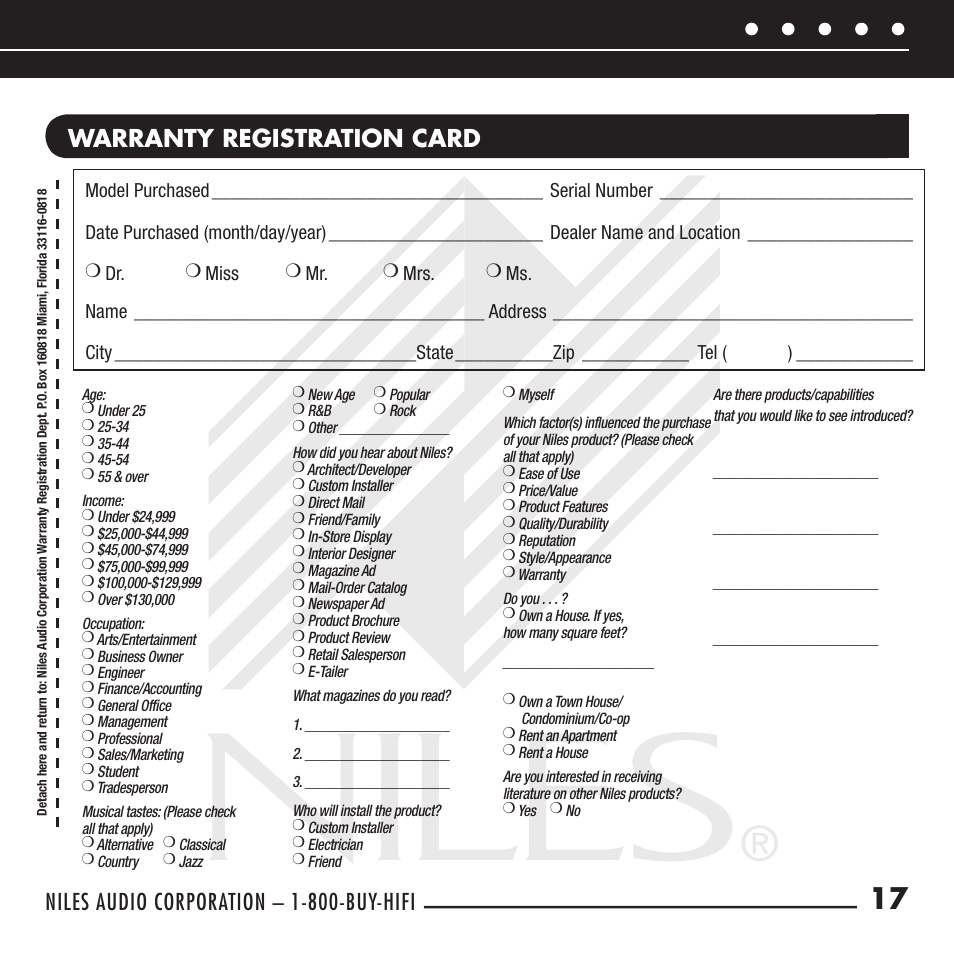 Warranty registration card, Niles audio corporation – 1-800-buy-hifi | Niles Audio Wall-Mount IR Sensor WS110R User Manual | Page 19 / 20