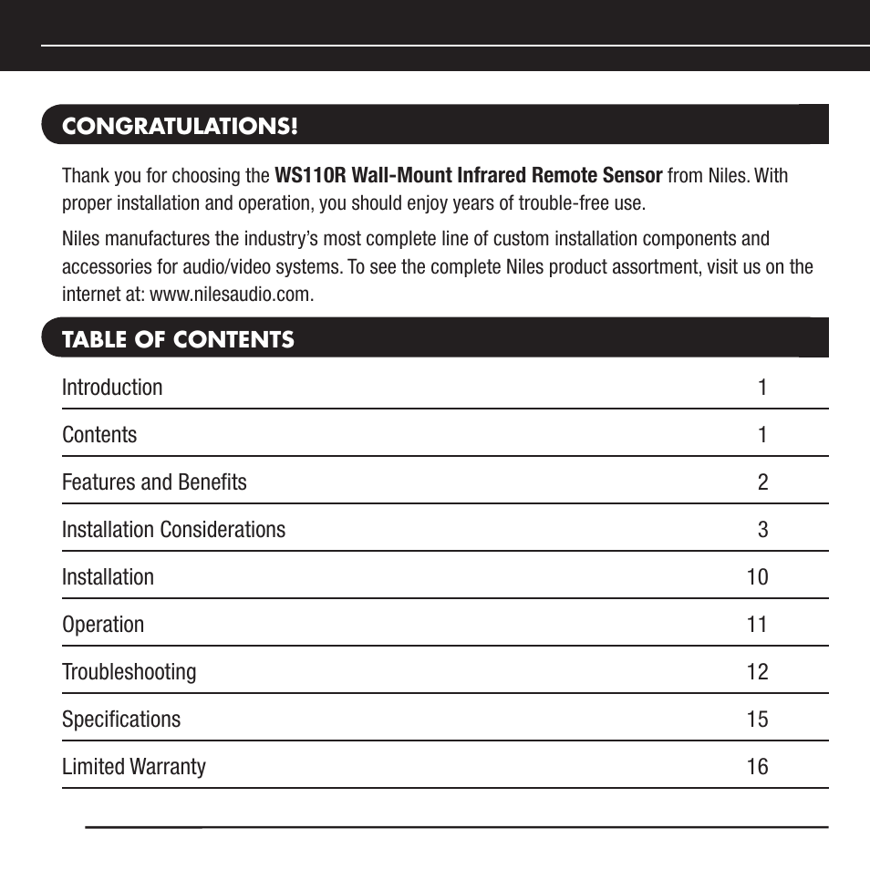 Niles Audio Wall-Mount IR Sensor WS110R User Manual | Page 2 / 20