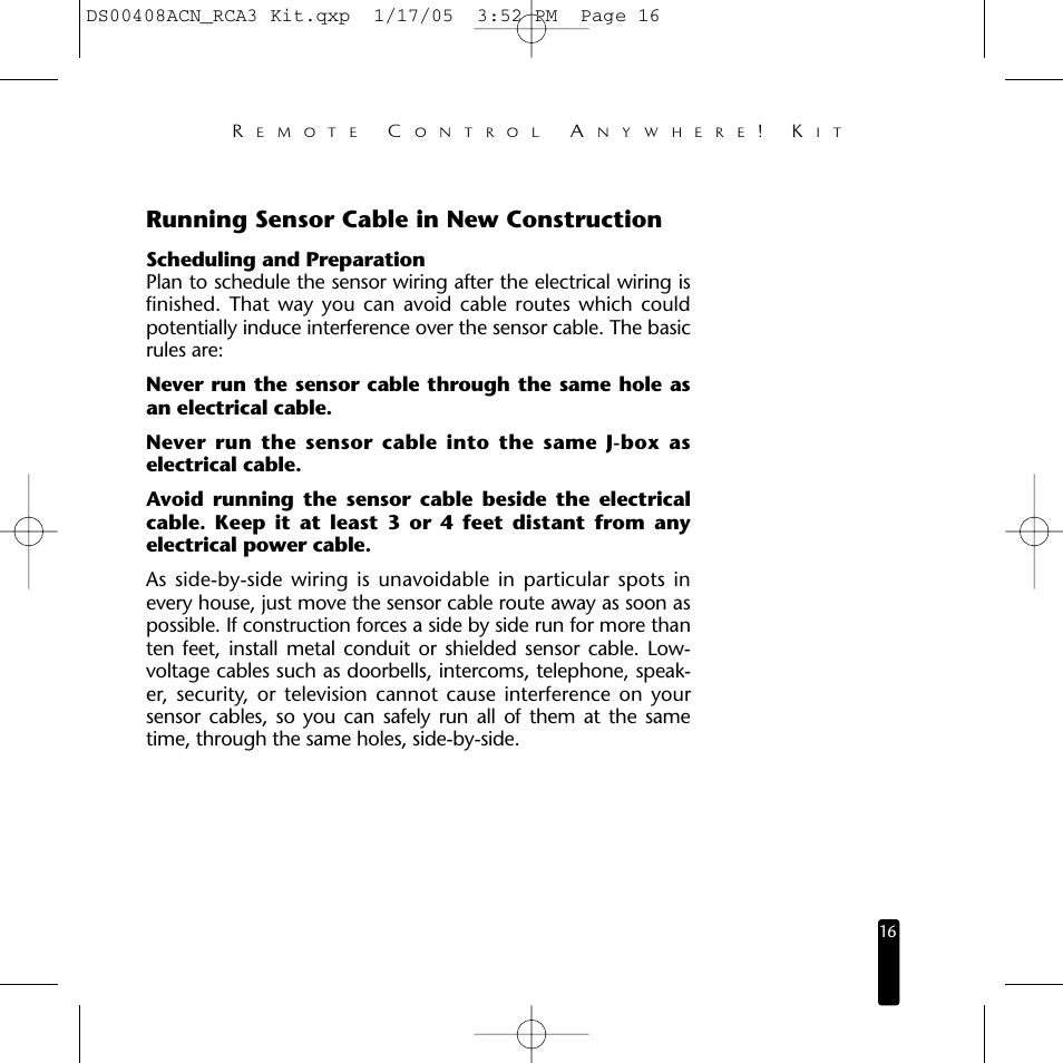 Running sensor cable in new construction | Niles Audio RCA3 User Manual | Page 16 / 24