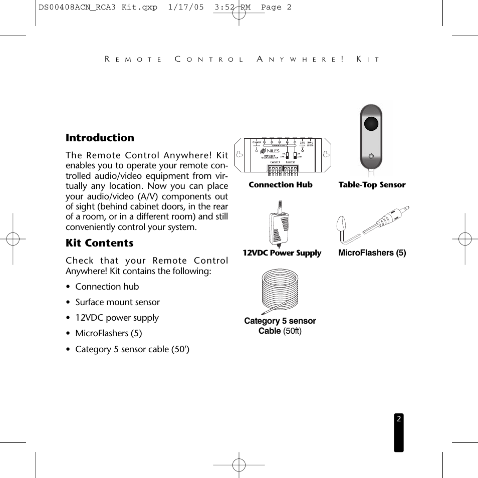 Introduction, Kit contents, Microflashers (5) category 5 sensor cable (50ft) | Niles Audio RCA3 User Manual | Page 2 / 24
