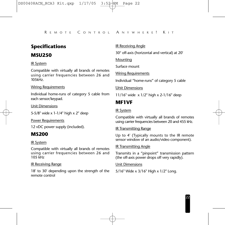 Specifications msu250, Ms200, Mf1vf | Niles Audio RCA3 User Manual | Page 22 / 24