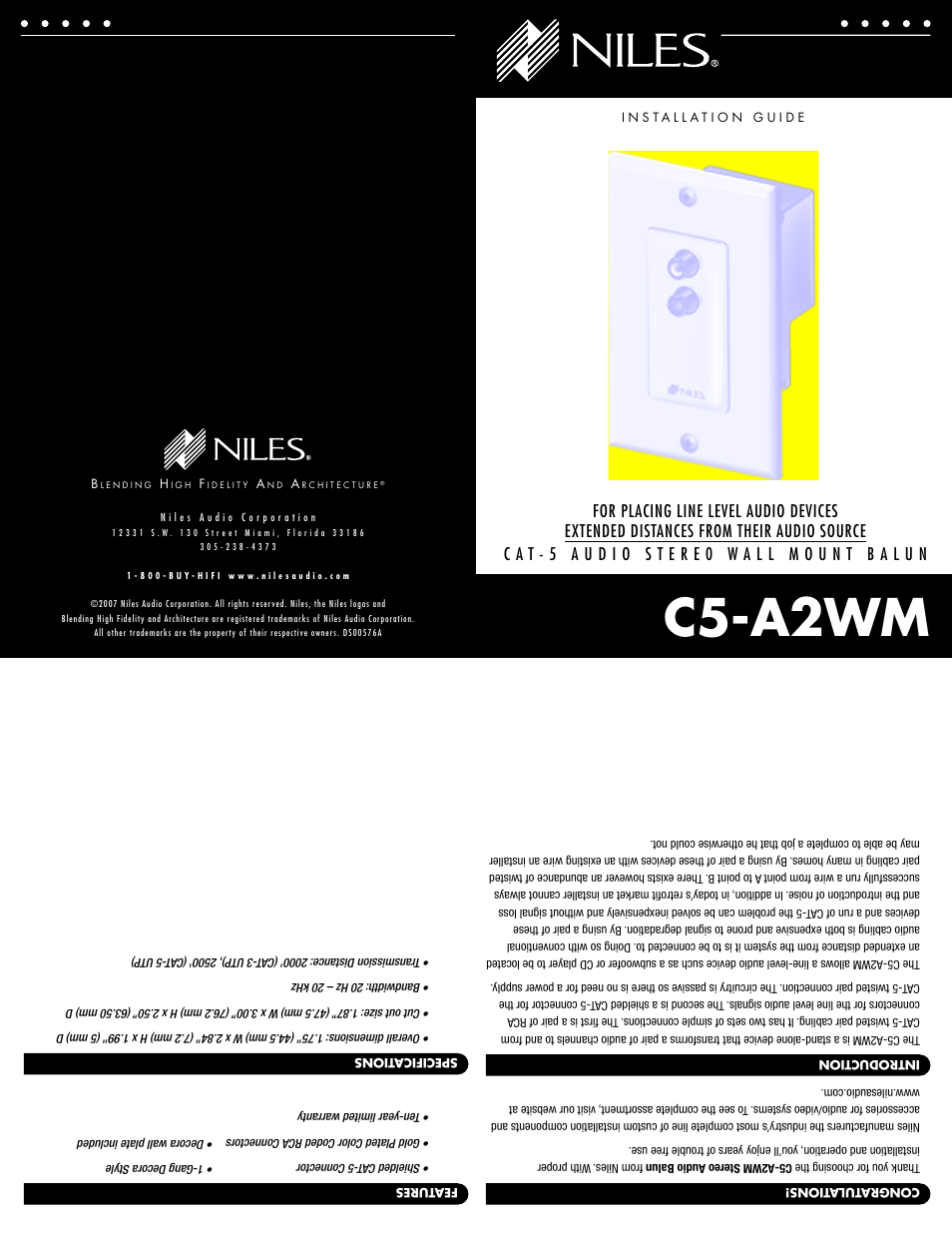 Niles Audio C5-A2WM User Manual | 2 pages