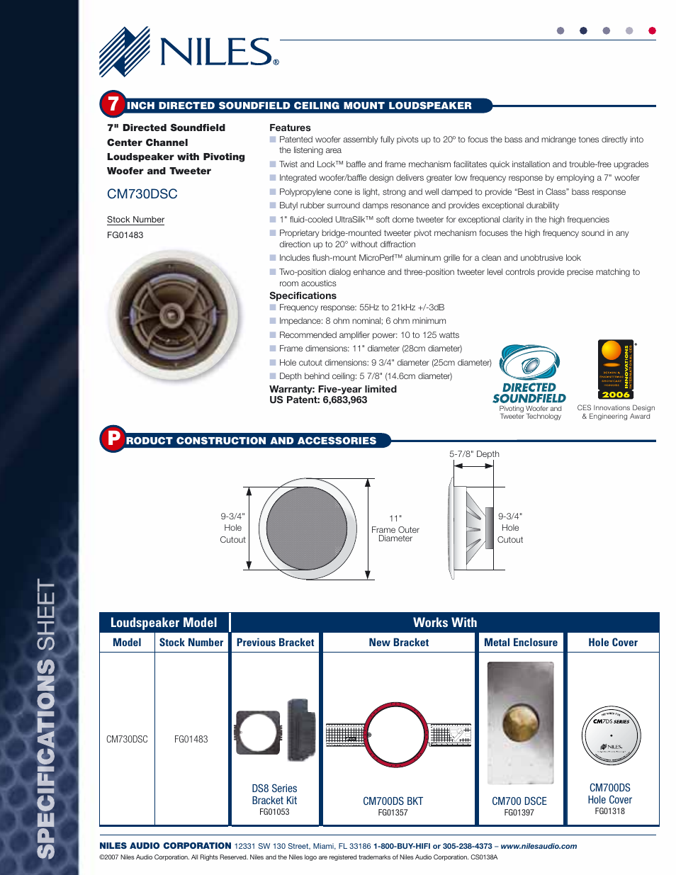 Cm730dsc, Loudspeaker model works with | Niles Audio Niles CM 730DSC User Manual | Page 2 / 2