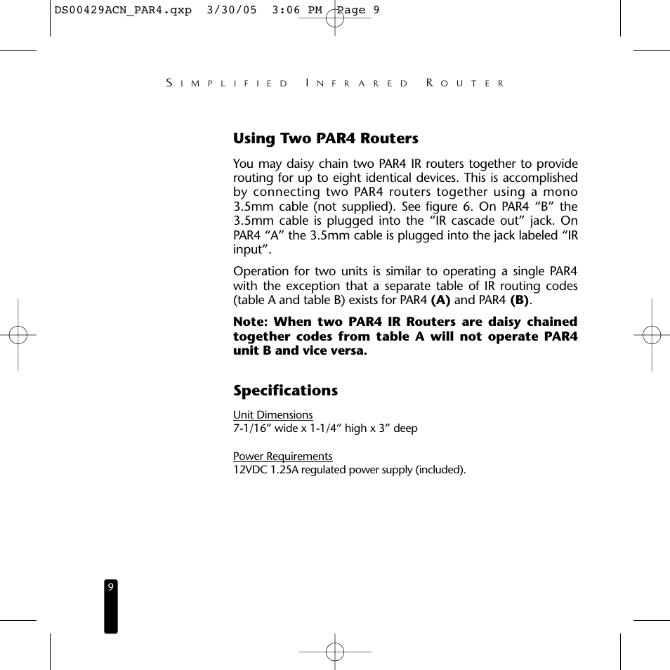 Using two par4 routers, Specifications | Niles Audio Simplified Infrared Router PAR4 User Manual | Page 10 / 12