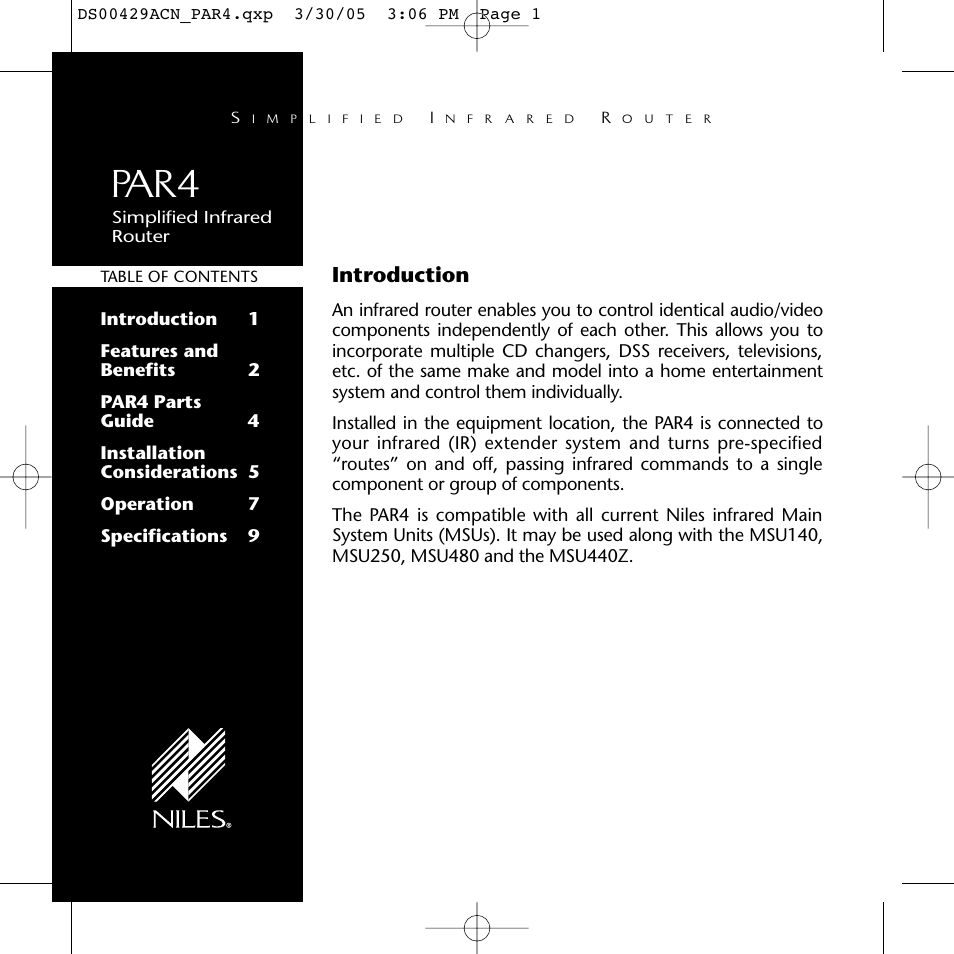 Par4, Introduction | Niles Audio Simplified Infrared Router PAR4 User Manual | Page 2 / 12