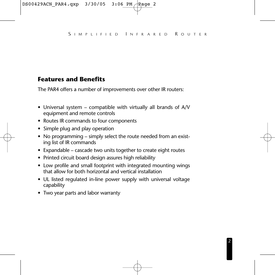 Features and benefits | Niles Audio Simplified Infrared Router PAR4 User Manual | Page 3 / 12