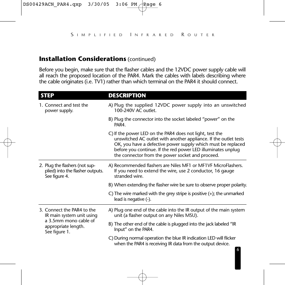 Installation considerations, Step description | Niles Audio Simplified Infrared Router PAR4 User Manual | Page 7 / 12