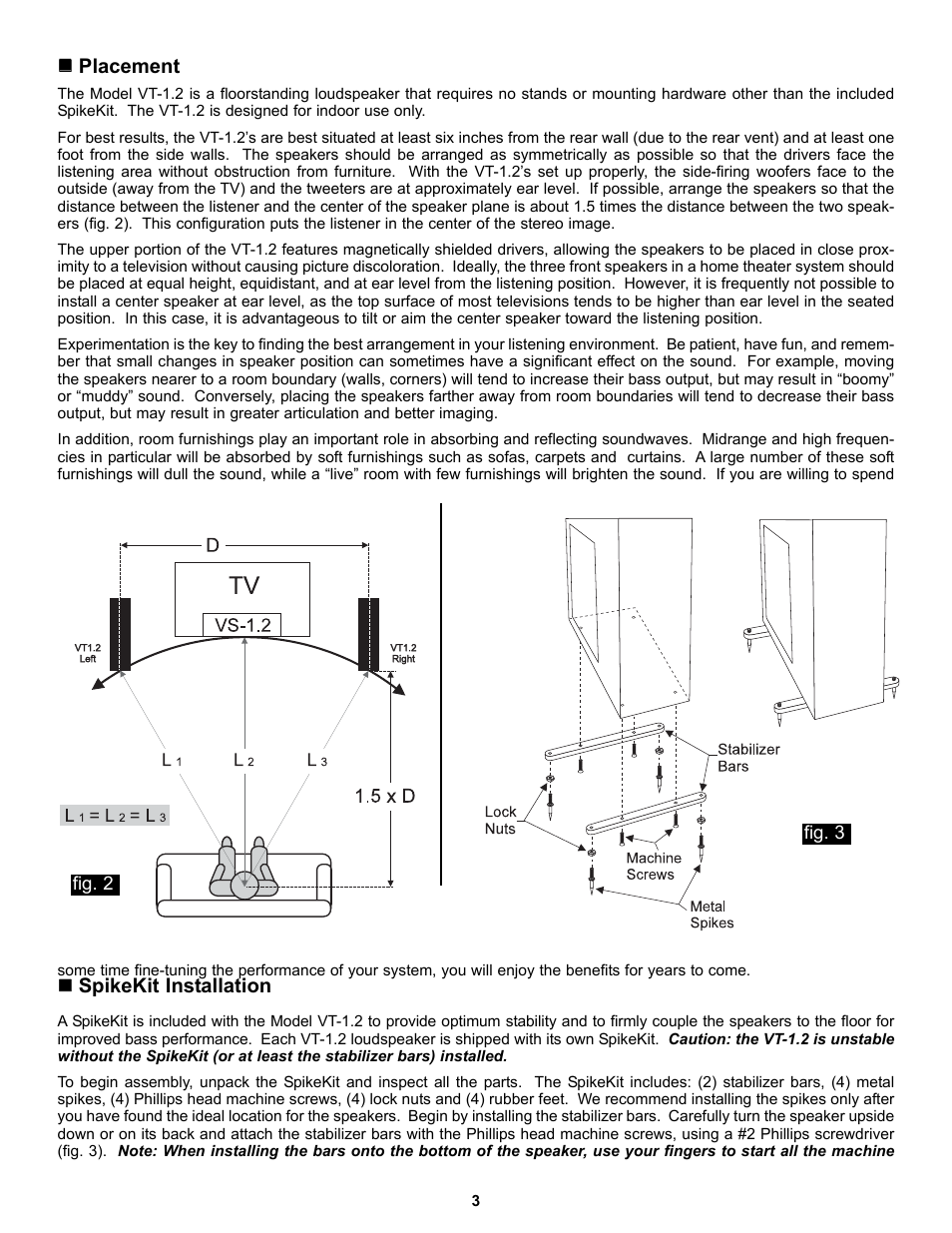 Placement, Spikekit installation | NHT VT-1.2 User Manual | Page 3 / 5