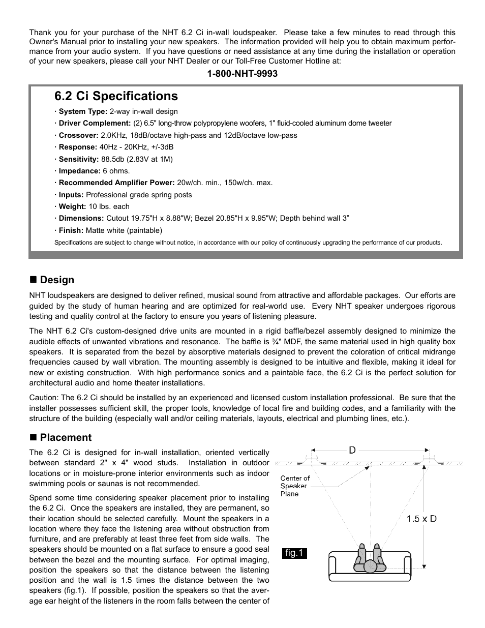 2 ci specifications | NHT 6.2 Ci User Manual | Page 2 / 7