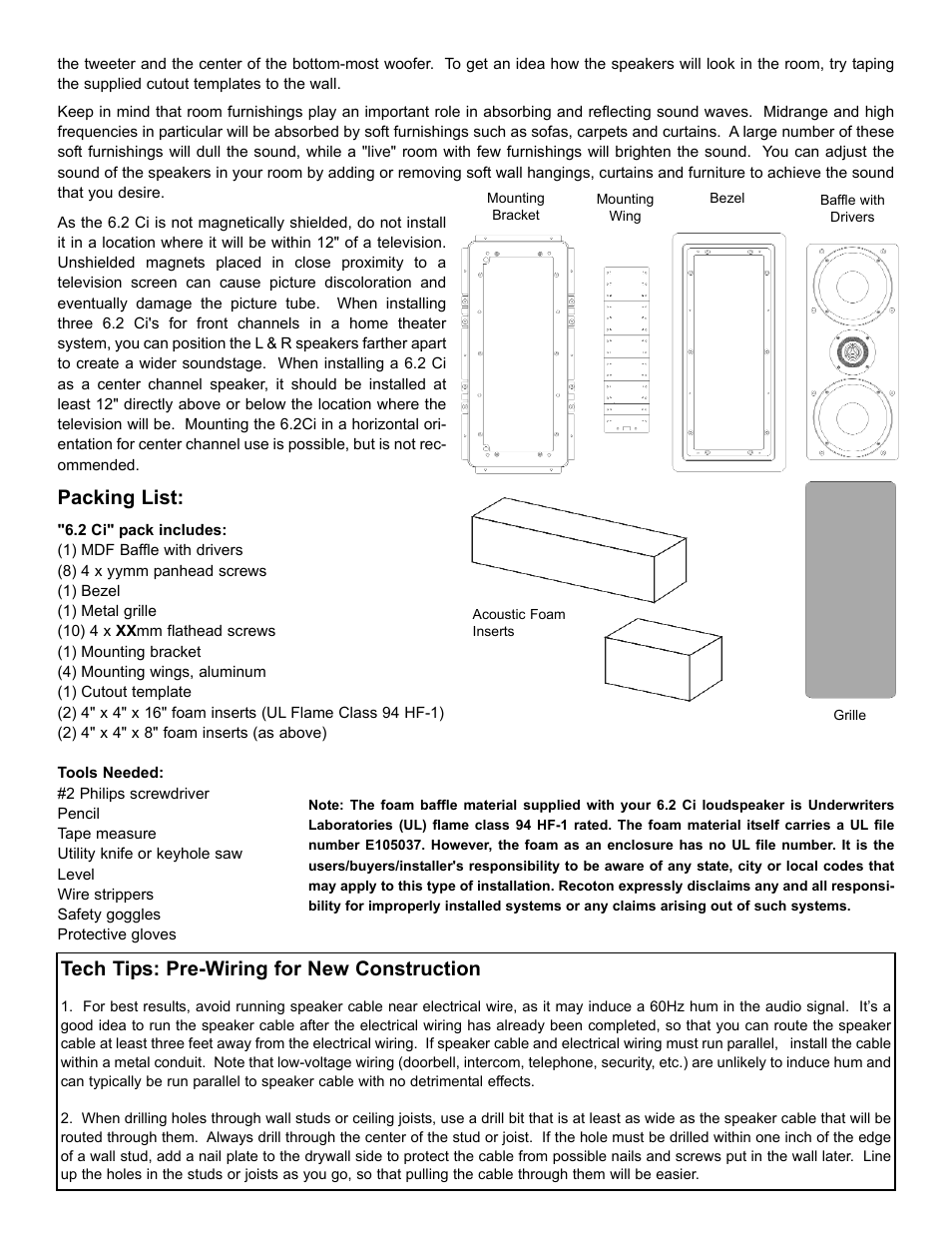Packing list, Tech tips: pre-wiring for new construction | NHT 6.2 Ci User Manual | Page 3 / 7