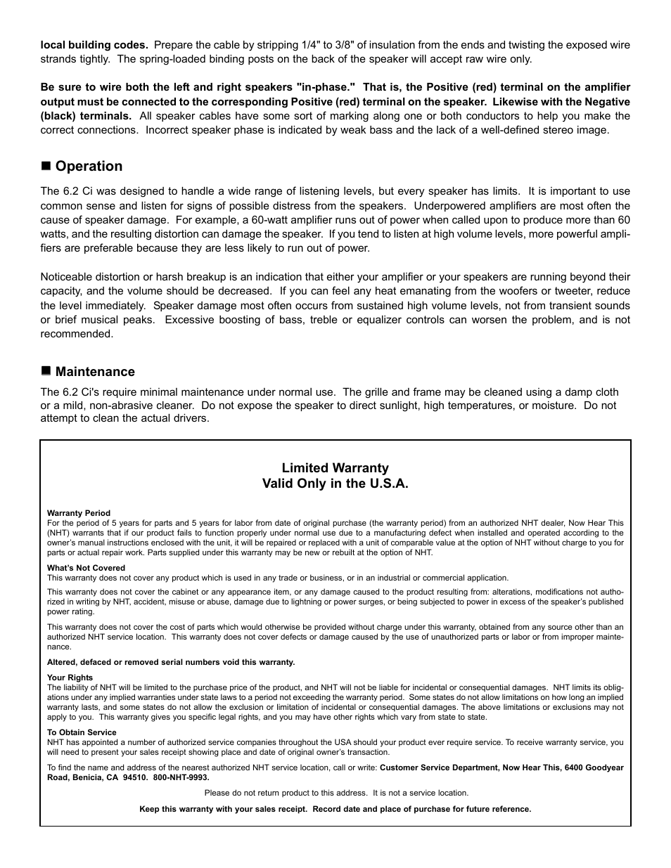 Operation, Maintenance, Limited warranty valid only in the u.s.a | NHT 6.2 Ci User Manual | Page 7 / 7