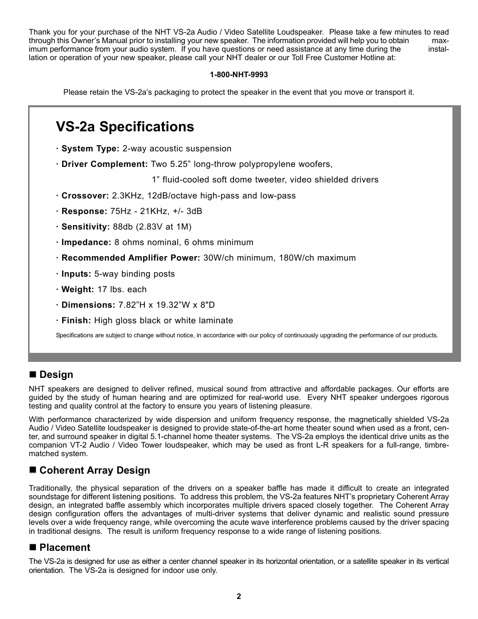 Vs-2a specifications, Design, Coherent array design | Placement | NHT VS-2A User Manual | Page 2 / 7