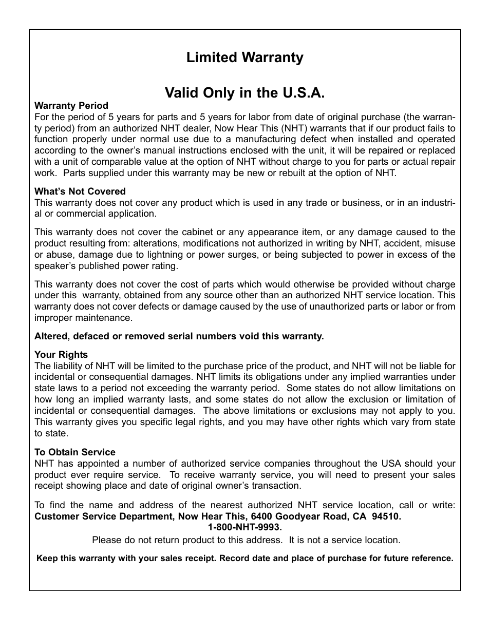 Limited warranty valid only in the u.s.a | NHT VS-2A User Manual | Page 7 / 7