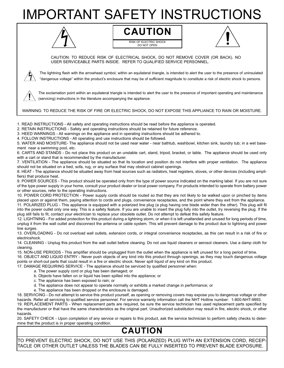 Important safety instructions, Caution | NHT SA-2 User Manual | Page 2 / 19