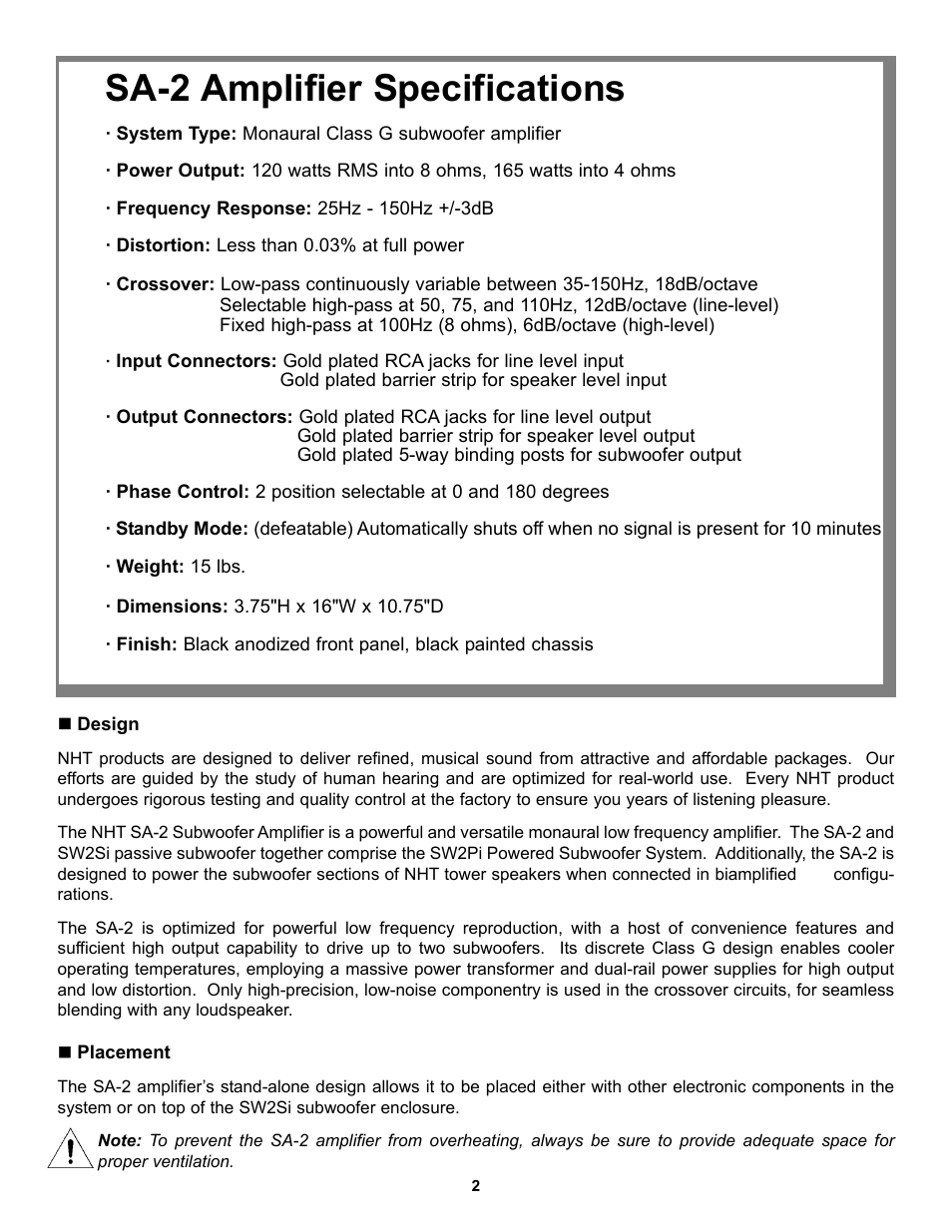 Sa-2 amplifier specifications | NHT SA-2 User Manual | Page 4 / 19