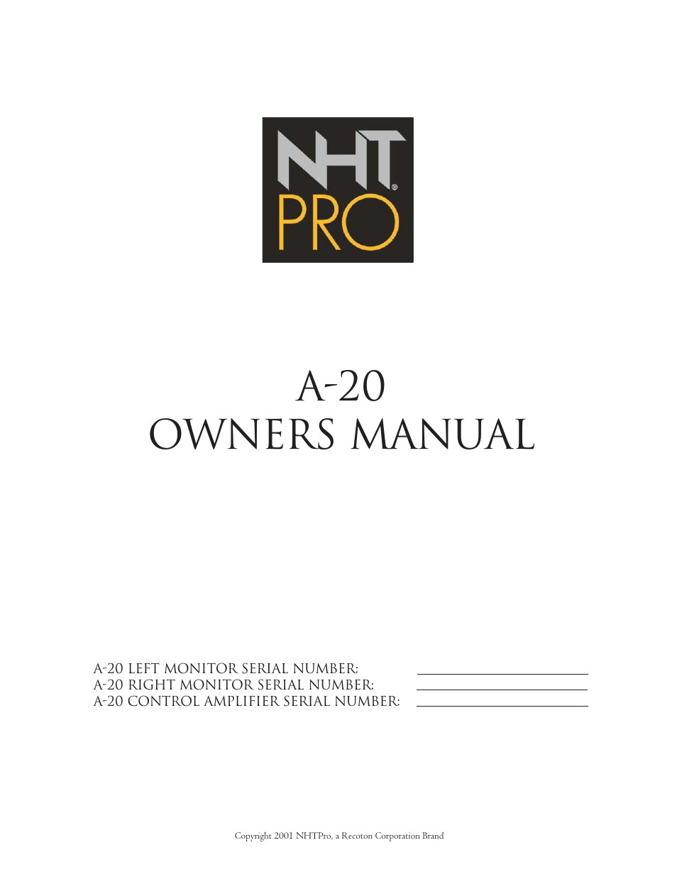 NHT Studio Monitor A-20 User Manual | 8 pages