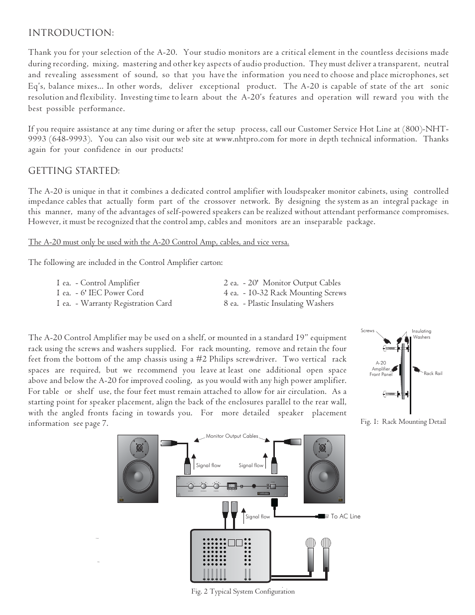 Fig. 1: rack mounting detail, Fig. 2 typical system configuration, Spl tmp vac mode phones | Control amplifier | NHT Studio Monitor A-20 User Manual | Page 3 / 8