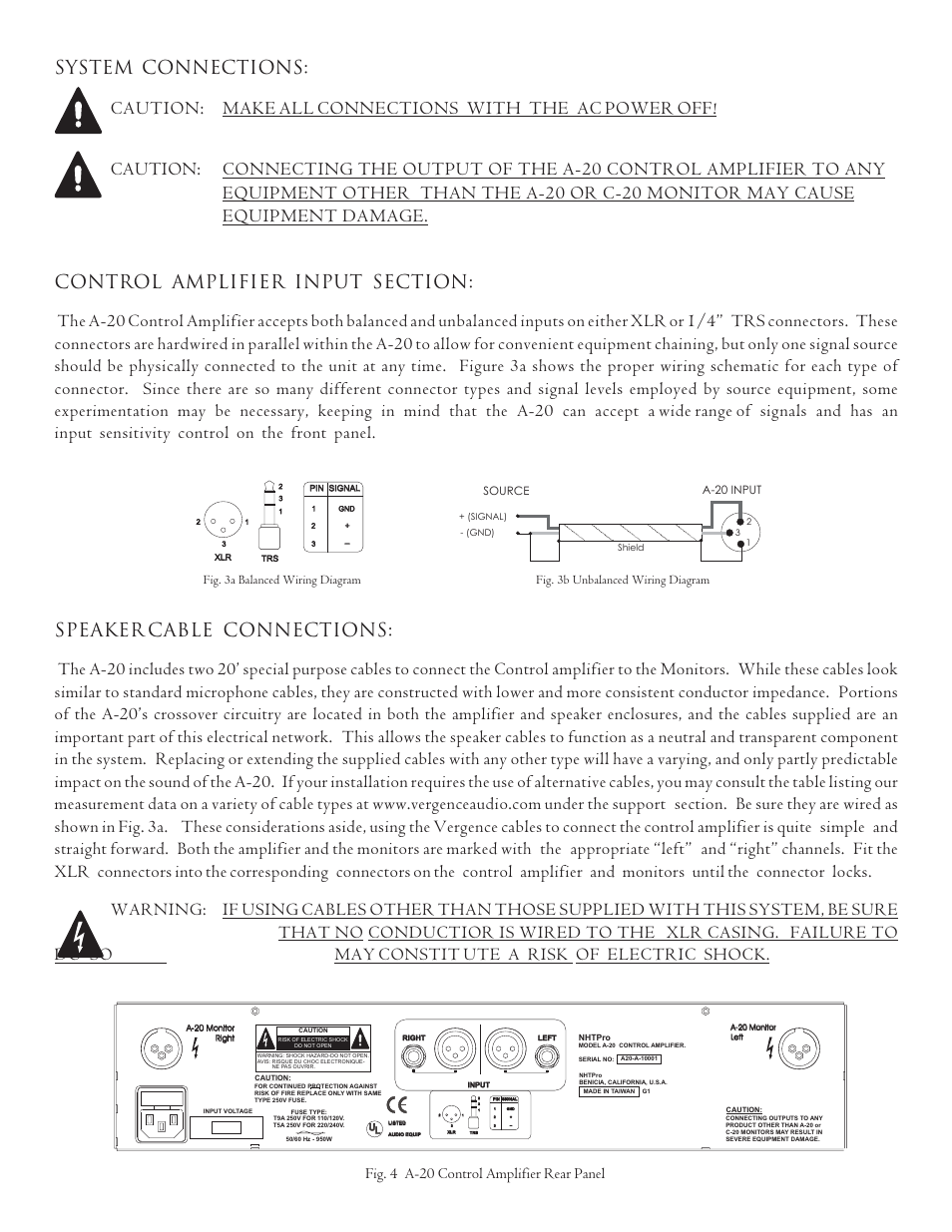 Fig. 4 a-20 control amplifier rear panel, Fig. 3a balanced wiring diagram, Fig. 3b unbalanced wiring diagram | NHT Studio Monitor A-20 User Manual | Page 4 / 8