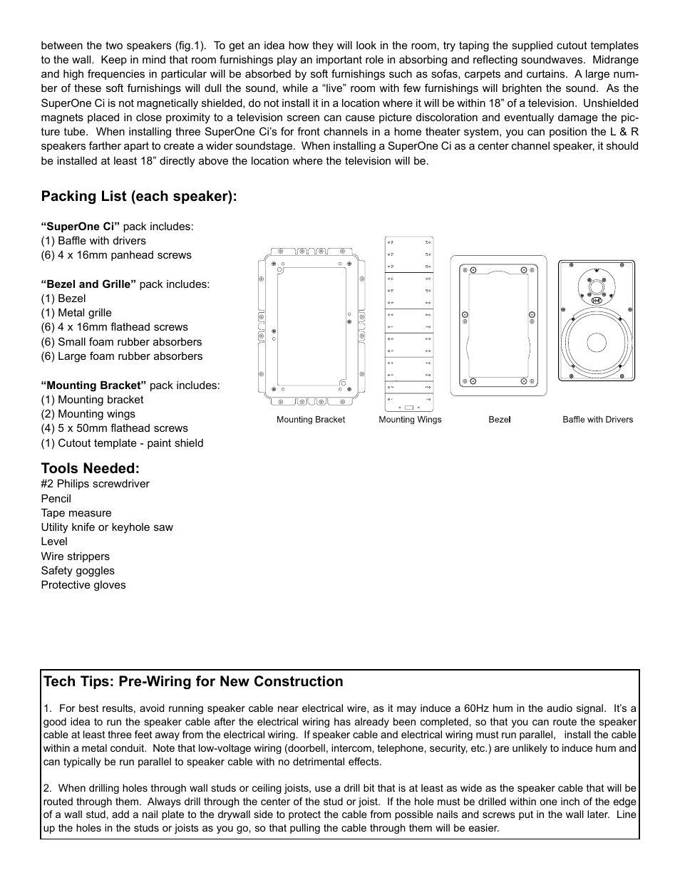 Packing list (each speaker), Tools needed, Tech tips: pre-wiring for new construction | NHT SuperOne Ci User Manual | Page 3 / 7